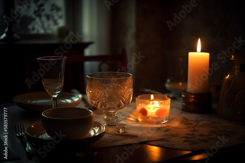 Romantic dinner. Laid table and burning candles without people. Generative AI