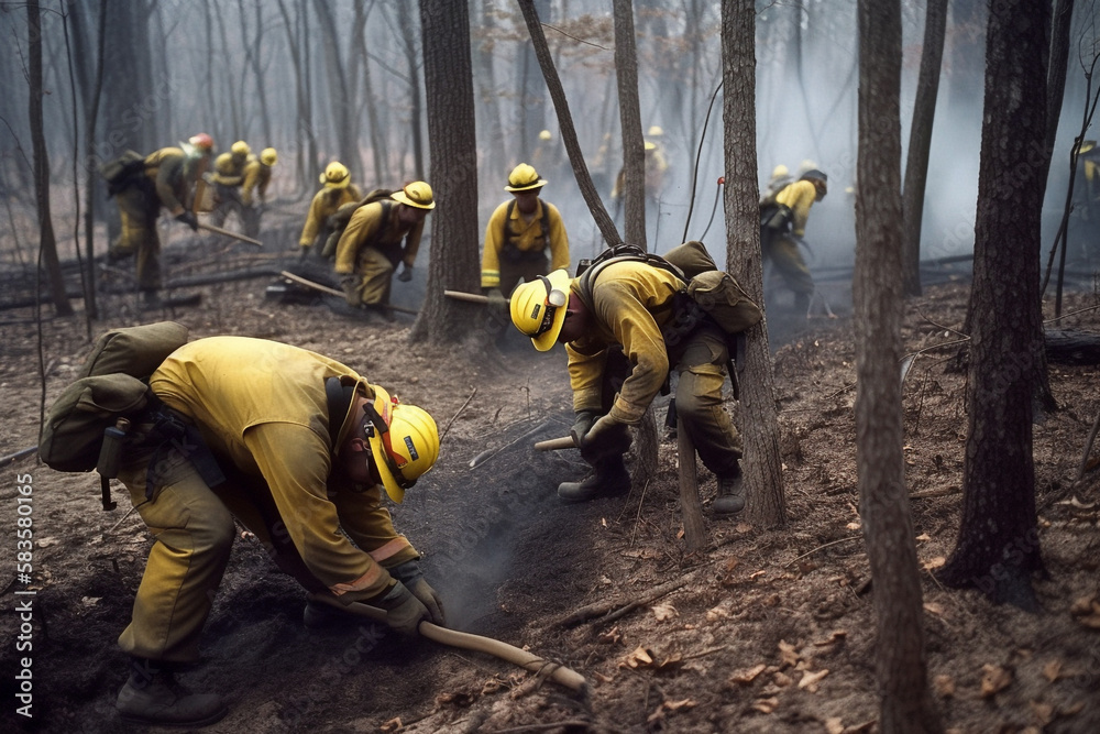 Fototapeta premium team of firefighters put out a fire in the forest. Generative AI
