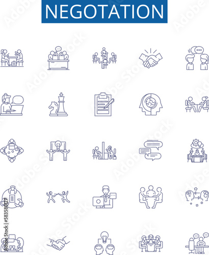 Negotation line icons signs set. Design collection of Negotiate, haggle, discuss, bargain, mediate, arbitrate, parley, contend outline concept vector illustrations