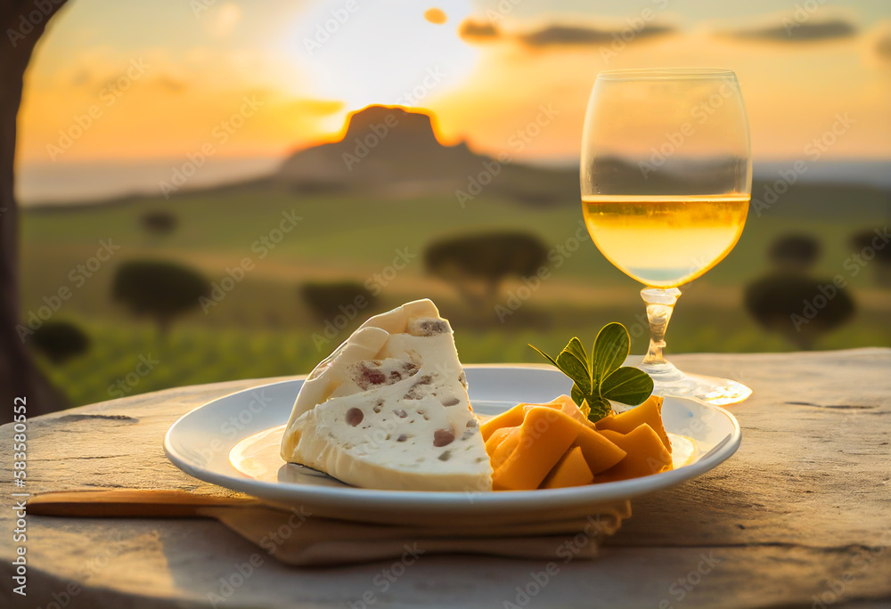 Cheese on plate and white wine in glass in italian landscape. Wine Glass with white wine near mountains. Dinner outdoors in Tuscany hills on sunset. Wine and cheese tasting in village. Ai Generative
