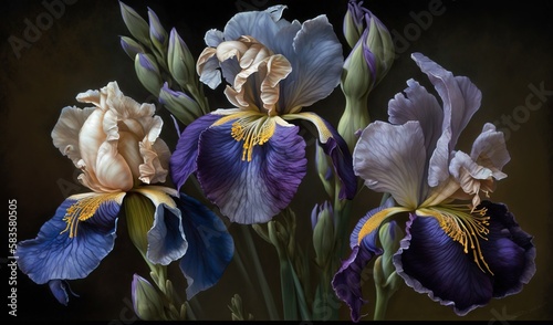  a painting of a bunch of flowers on a black background.  generative ai