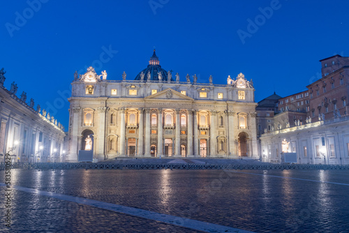St. Peter s Basilica and the piazza in Vatican at night.