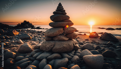 Pyramid of stones for meditation lying on sea coast at sunset. Generative Ai