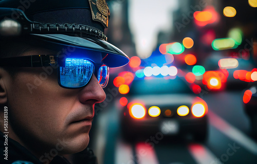 Police officer with Police lights in New York. Red and Blue Police lights, Policeman in sunglasses with Police lights reflection. Emergency vehicle lighting. LED blinker flasher in NYC. Ai Generated.