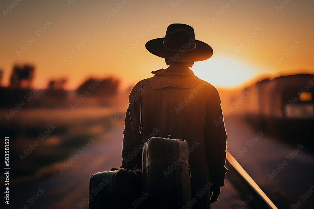 Traveler with suitcase. Traveler with hat on road, back view. Person with suitcase walking by desert. Tourist on Walking Travel trip. Vacation, suitcases, travel bag. Missed on train. AI Generate