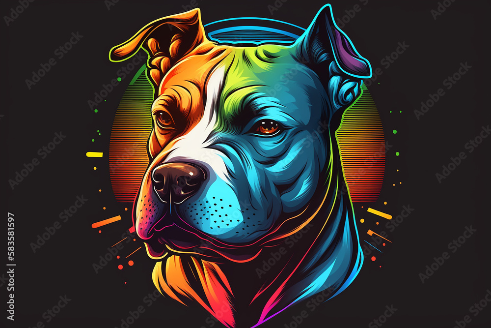 Colorful logo design, pitbull dog, emblem, cartoon style.