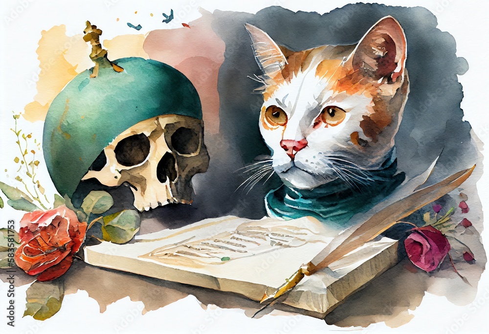 watercolor-illustration-of-a-william-shakespeare-cat-with-a-skull-to-be