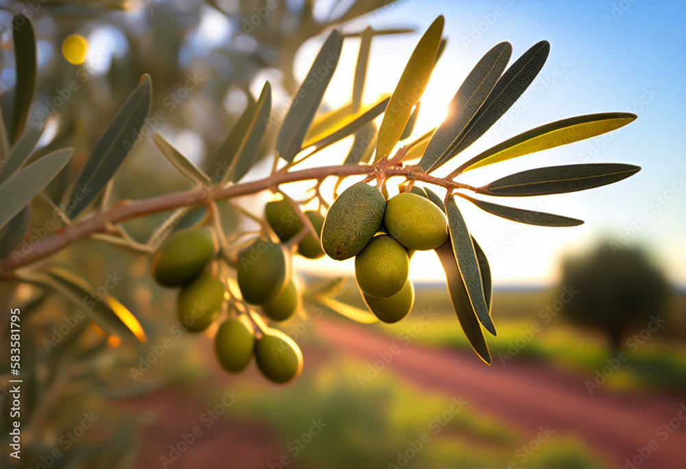 Olive tree. Olives close-up. Green olives with leaves on a branch in Spain farm. Olives harvest on olive plantations in Tuscany. Olive harvesting in farm season. Ai Generative illustration.