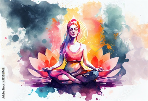 Watercolor Illustration of a Yoga In The Lotus Position On Beautiful Fantasy ...