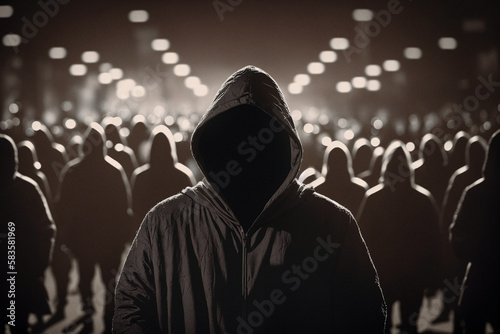 Hooded man. Crowd of people on the street. Realistic wallpaper. Generative ai
