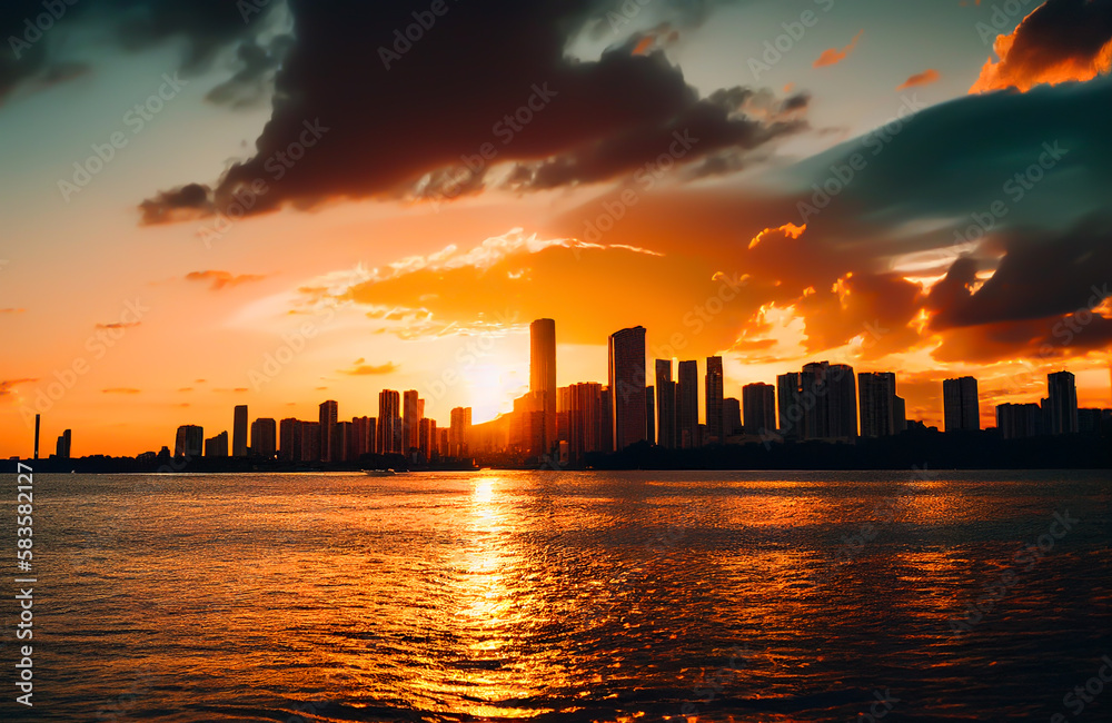 Miami at sunset. Miami Beach South Beach, Florida, colorful skyline. Buildings with hotels and apartments near coastline near ocean. Sea at sunset. Ai Generative illustration