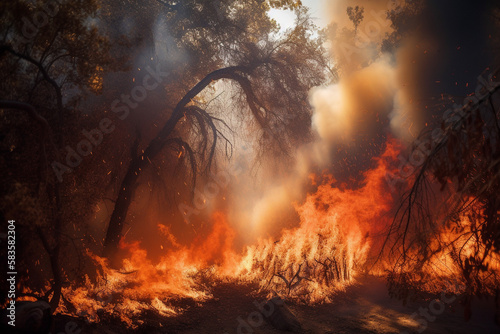 Forest fire, flames and smoke among the trees. Generative AI