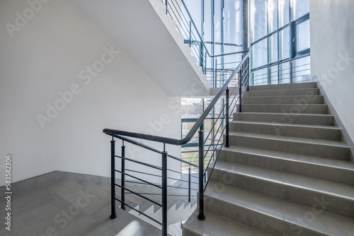 stairs emergency and evacuation exit stair in up ladder in a new office building.