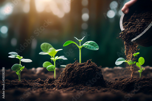 Planting a tree in ground. Spring Seeding. Planting seeds in soil. Small tree in the ground in the garden at sunset. Growth bush with leaves in farm. Agriculture plant seeding and growing. AI Generate