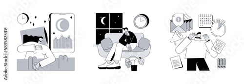 Stress management abstract concept vector illustration set. Sleep tracking and deprivation, work pressure, digital tracker, mental health, chronic anxiety, deadline pressure abstract metaphor.