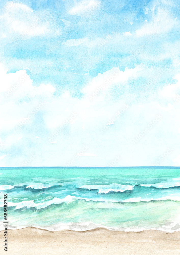 Seascape.Tropical beach  with sea, sand and blue sky, summer vacation concept and background. Hand drawn watercolor illustration