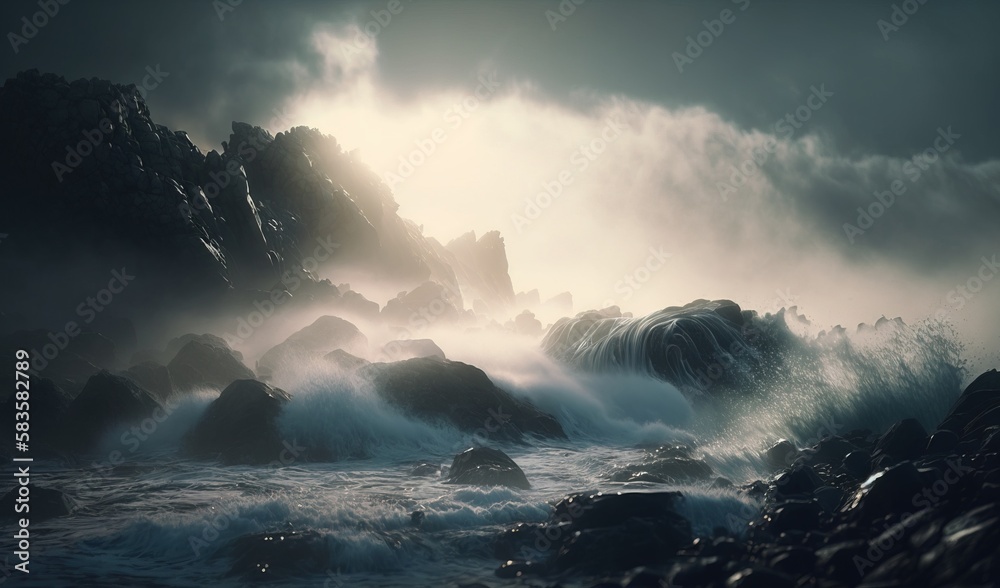  a large body of water surrounded by rocks and a bunch of clouds.  generative ai