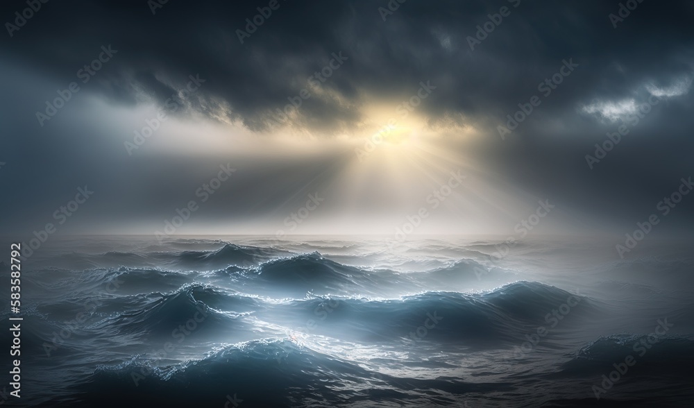  a large body of water with a sun shining through the clouds.  generative ai
