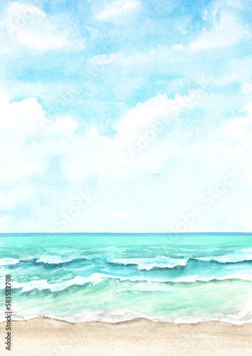 Seascape.Tropical beach with sea, sand and blue sky, summer vacation concept and background. Hand drawn watercolor illustration