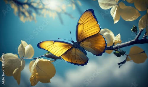  a yellow butterfly sitting on a branch of a tree with yellow flowers. generative ai