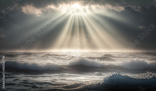  the sun shining through the clouds over the ocean with waves. generative ai