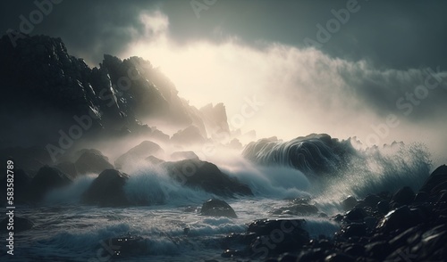  a large body of water surrounded by rocks and a bunch of clouds. generative ai