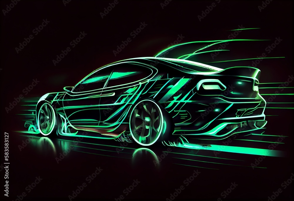 Watercolor Illustration of a Green Neon Shining In The Dark Electric Car Traveling At High Speed Concept. Rapid Evolution. Generative AI