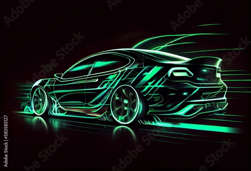 Watercolor Illustration of a Green Neon Shining In The Dark Electric Car Traveling At High Speed Concept. Rapid Evolution. Generative AI
