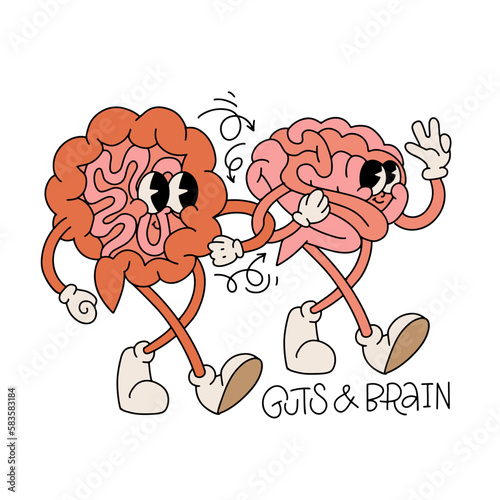 Cute groovy brain and intestines characters walking together. Vector hand drawn retro cartoon mascots illustration. Funny brain and guts friends concept in retro 70s style.