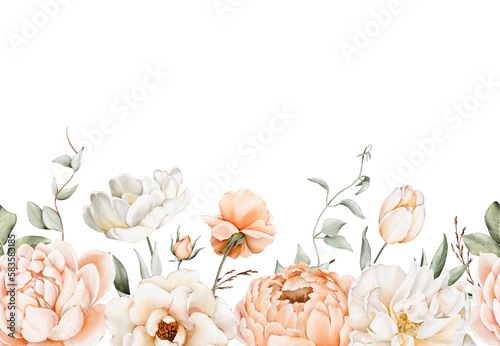 Floral Seamless watercolor border with delicate white, pink, peach flowers, green leaves, branches. Watercolor hand drawn isolated horizontal pattern photo
