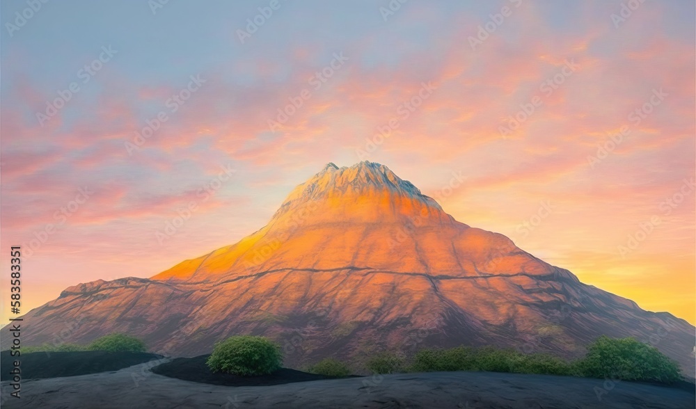  a painting of a mountain with trees in the foreground.  generative ai