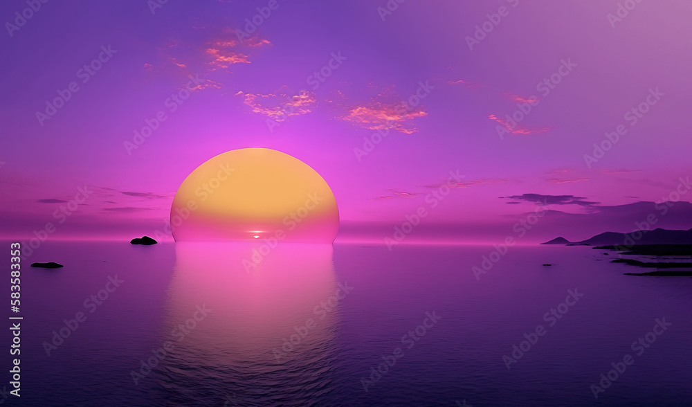  the sun is setting over the ocean with a purple sky.  generative ai