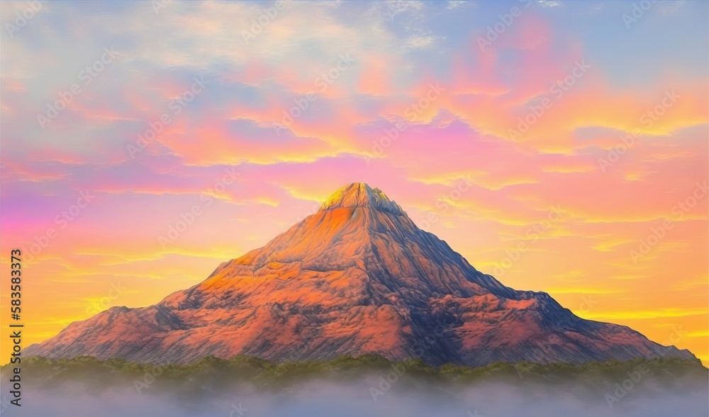  a painting of a mountain with a pink sky in the background.  generative ai