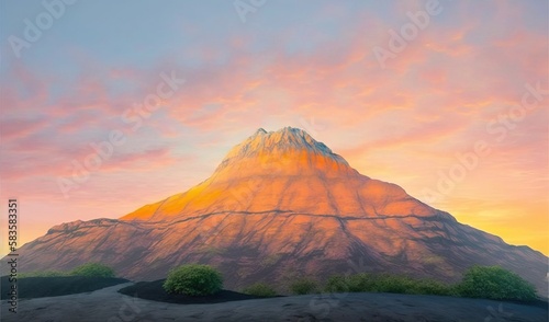  a painting of a mountain with trees in the foreground. generative ai