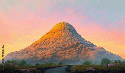  a painting of a mountain with a road leading to it. generative ai