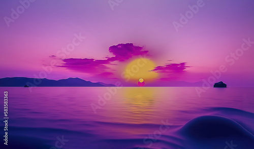  the sun is setting over the ocean with a boat in the water.  generative ai © Anna