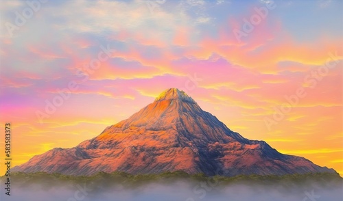  a painting of a mountain with a pink sky in the background. generative ai