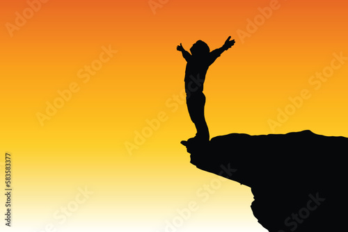 Silhouette of happy man standing raise hand on mountain cliff vector. Success and serenity concept, young man standing on a rock in the mountains at sunset.