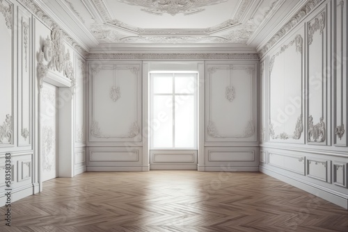 White interior with modern classic baroque wall panels  molding  and wooden floor. mock up for an illustration. Generative AI