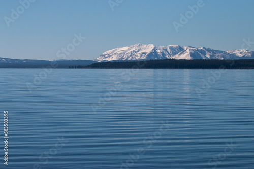 Yellowstone lake with snow covered Mt Sheridan in the background, Yellowstone National Park, Wyoming, USA