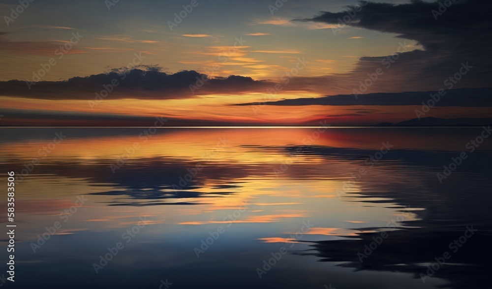  a beautiful sunset reflecting the sky and clouds over the water.  generative ai