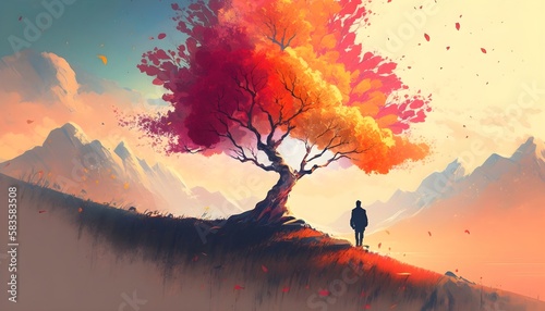 autumn landscape with alone tree on mountain, coming home concept, illustration painting, Generative AI