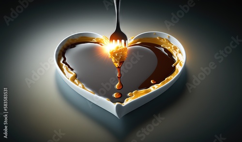  a heart shaped box with a spoon in it and liquid pouring out of it.  generative ai