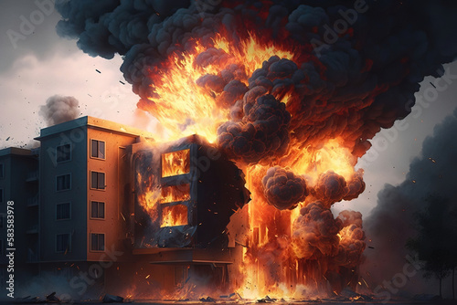 Apartment building in flames and explosion, illustration generative AI