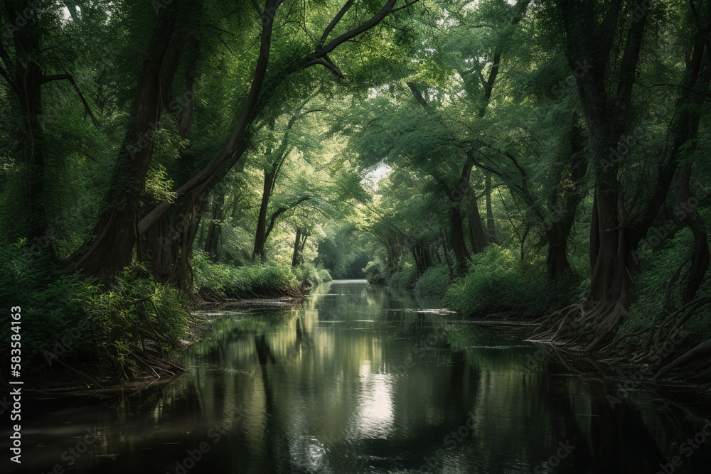 Peaceful calm landscape of a river in a dense toic forest. Generative AI