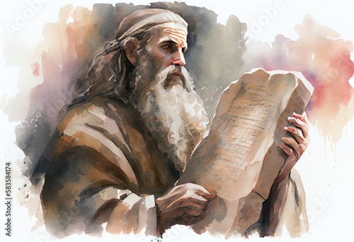 Canvas Print Watercolor Illustration of a Prophet Moses With Stone Tablet Painting