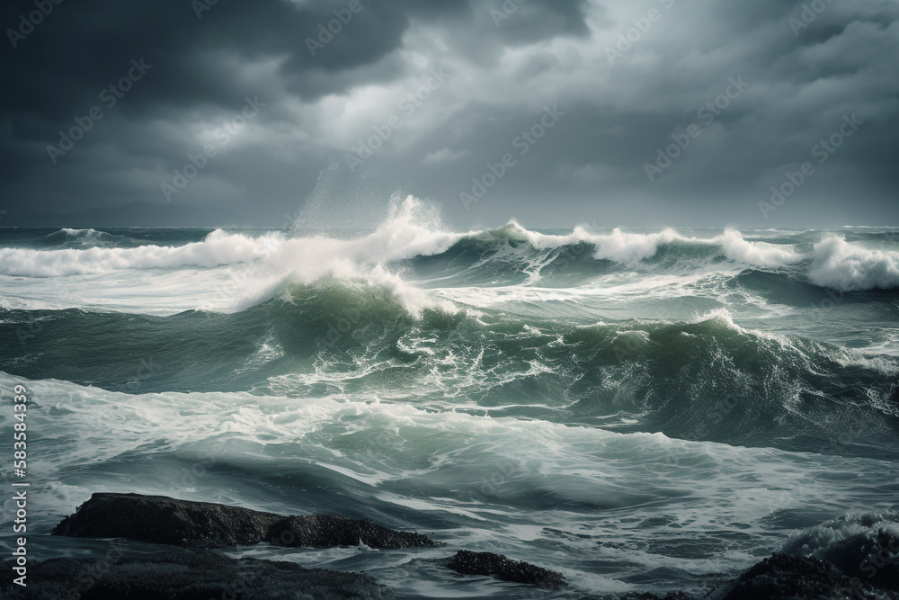 Big waves of the stormy sea. Generative AI