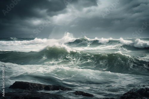 Big waves of the stormy sea. Generative AI © xartproduction