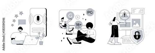 Engaging marketing abstract concept vector illustration set. Podcast content rating, media content control, promotion strategy, monetization, games and apps, user guidelines abstract metaphor.