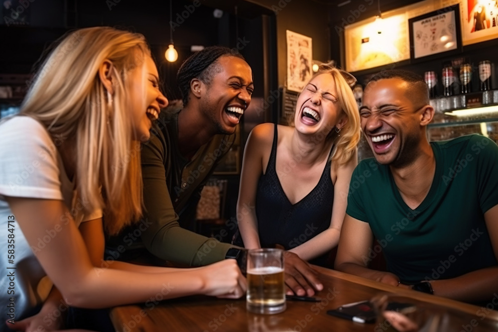 A cheerful moment of friends of different cultures sharing a joke in a lively pub.Generative AI - obrazy, fototapety, plakaty 